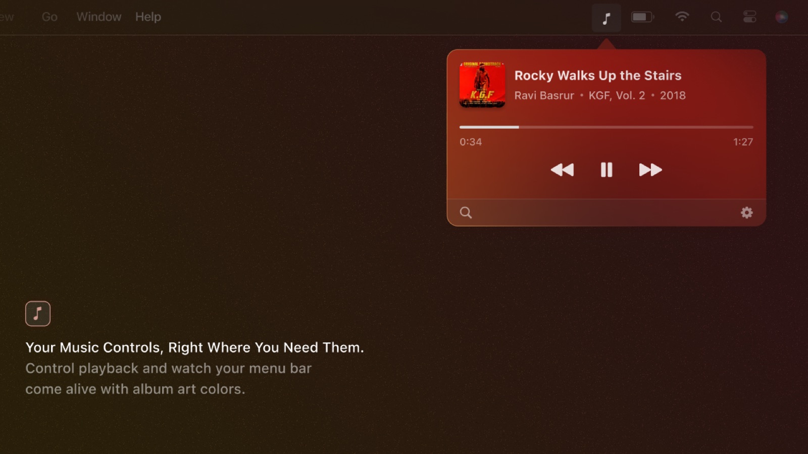 DropBeats player open from the Mac menu bar, showing the current track, progress bar and playback controls
